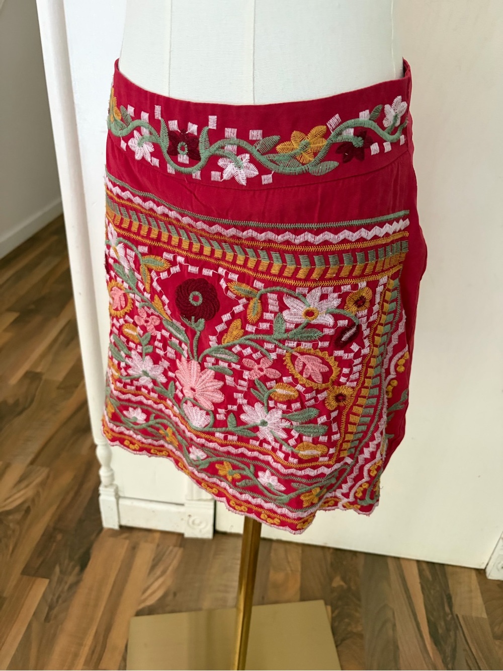 Red Embroidered Floral Mini Skirt